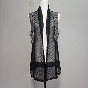 Gizel Vest Womens L Black Mesh Open Front  Boho Lagenlook Artsy Sleeveless Rave